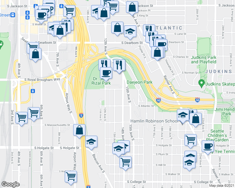 map of restaurants, bars, coffee shops, grocery stores, and more near 1342 13th Avenue South in Seattle
