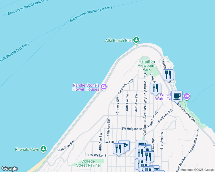 map of restaurants, bars, coffee shops, grocery stores, and more near 1374 Alki Avenue Southwest in Seattle