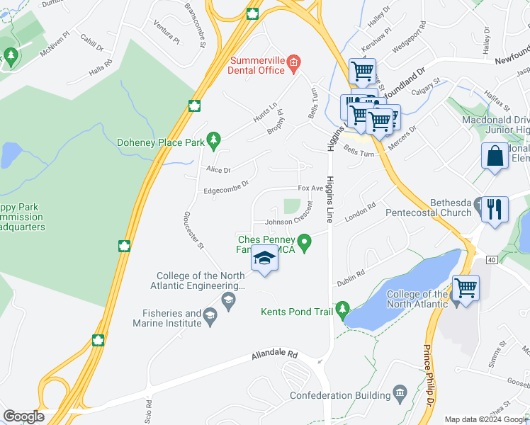 map of restaurants, bars, coffee shops, grocery stores, and more near 4 Conroy Place in St. John's