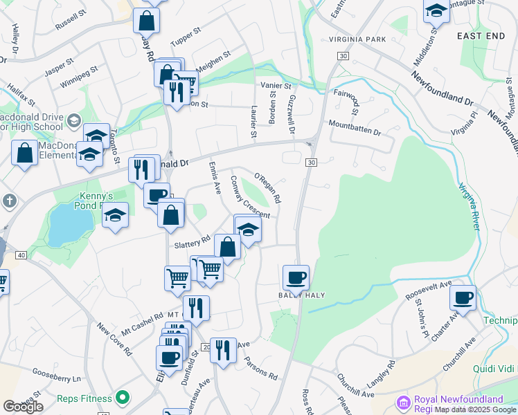 map of restaurants, bars, coffee shops, grocery stores, and more near 12 Conway Crescent in St. John's