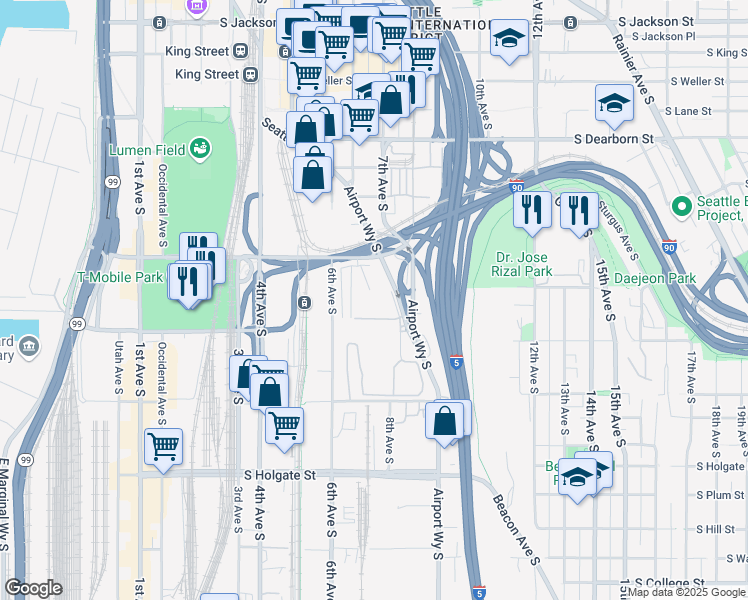 map of restaurants, bars, coffee shops, grocery stores, and more near 1333 Airport Way South in Seattle