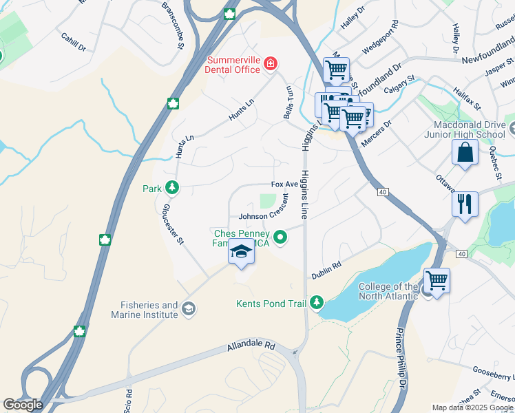 map of restaurants, bars, coffee shops, grocery stores, and more near 12 Conroy Place in St. John's