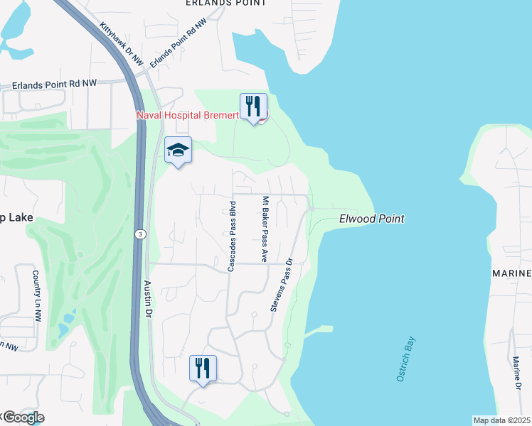 map of restaurants, bars, coffee shops, grocery stores, and more near 19 Mount Baker Pass Avenue in Bremerton