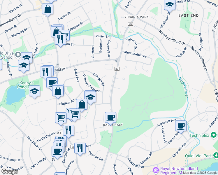 map of restaurants, bars, coffee shops, grocery stores, and more near 143 Logy Bay Road in St. John's