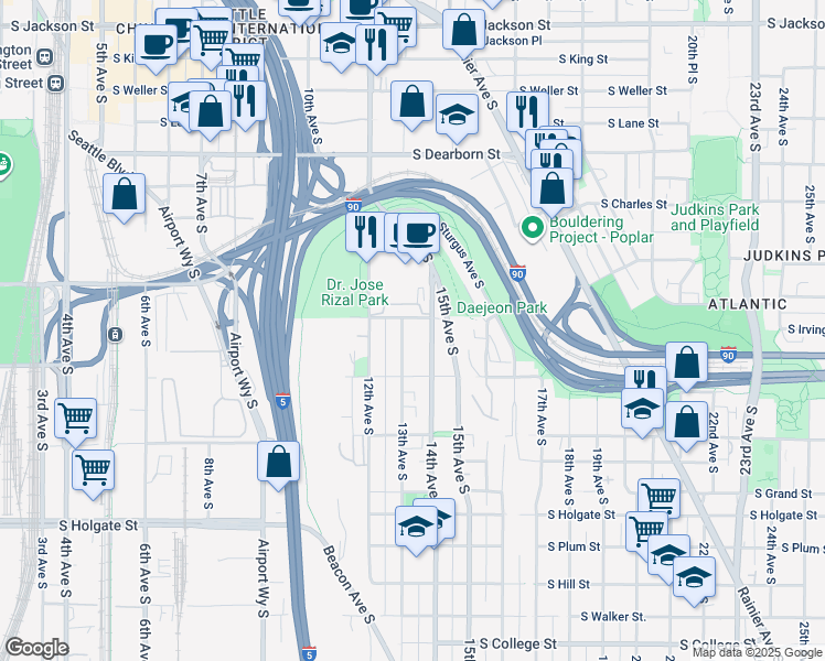 map of restaurants, bars, coffee shops, grocery stores, and more near 1342 13th Avenue South in Seattle