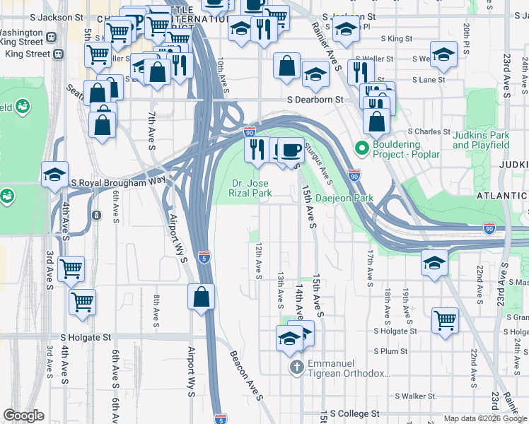 map of restaurants, bars, coffee shops, grocery stores, and more near 1429 12th Avenue South in Seattle
