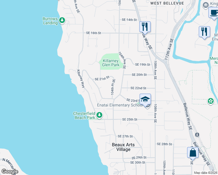 map of restaurants, bars, coffee shops, grocery stores, and more near 2131 104th Place Southeast in Bellevue