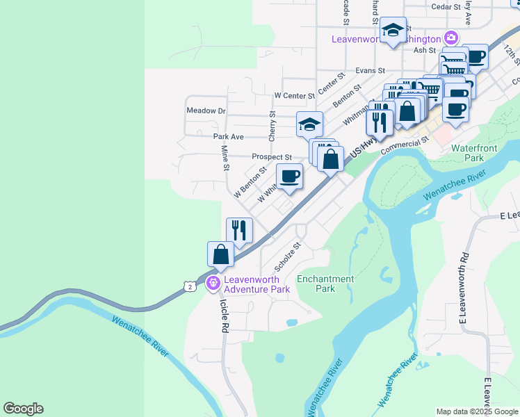 map of restaurants, bars, coffee shops, grocery stores, and more near 166 Whitman Street in Leavenworth