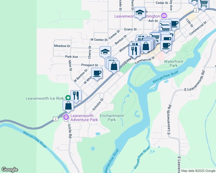 map of restaurants, bars, coffee shops, grocery stores, and more near 190 U.S. 2 in Leavenworth