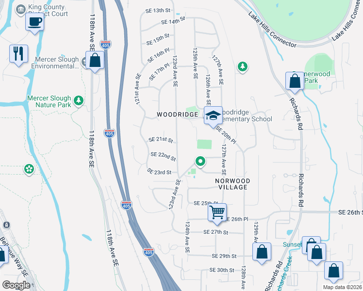 map of restaurants, bars, coffee shops, grocery stores, and more near 2042 123rd Avenue Southeast in Bellevue