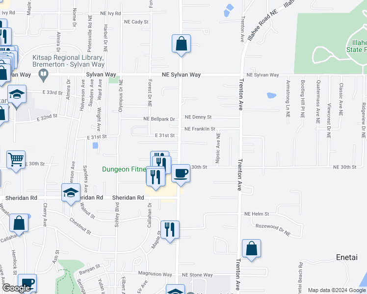 map of restaurants, bars, coffee shops, grocery stores, and more near 3036 Perry Avenue in Bremerton