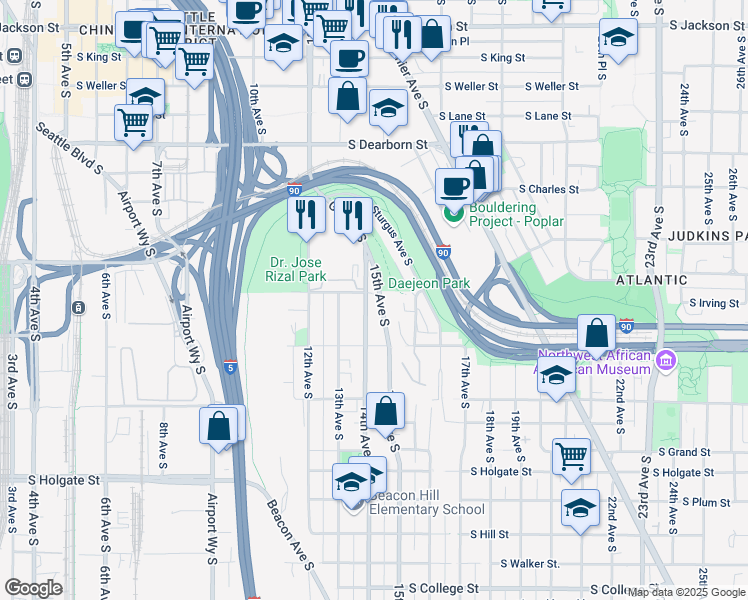 map of restaurants, bars, coffee shops, grocery stores, and more near 1300 14th Avenue South in Seattle