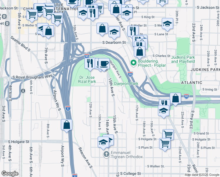 map of restaurants, bars, coffee shops, grocery stores, and more near 1120 14th Avenue South in Seattle