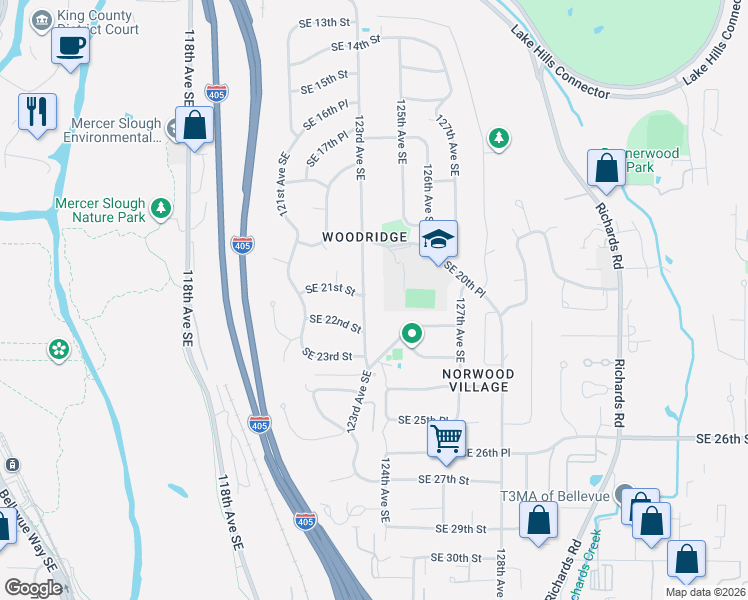 map of restaurants, bars, coffee shops, grocery stores, and more near 2110 123rd Avenue Southeast in Bellevue