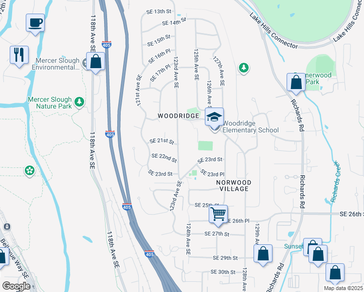 map of restaurants, bars, coffee shops, grocery stores, and more near 2110 123rd Avenue Southeast in Bellevue
