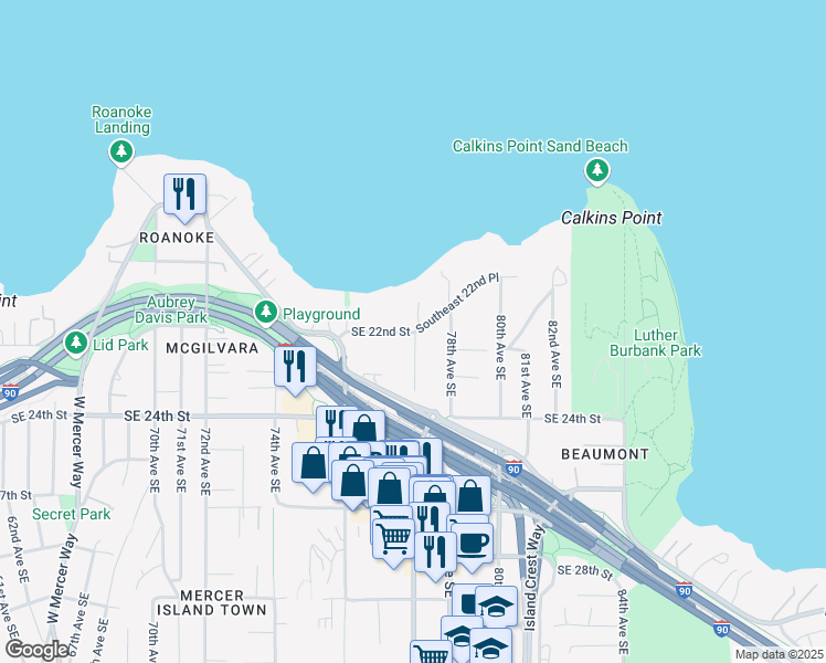 map of restaurants, bars, coffee shops, grocery stores, and more near Southeast 22nd Street in Mercer Island