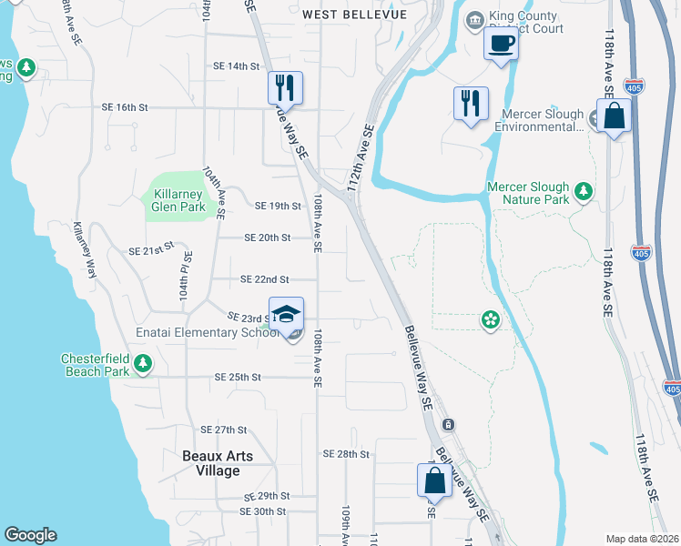 map of restaurants, bars, coffee shops, grocery stores, and more near 2121 109th Avenue Southeast in Bellevue