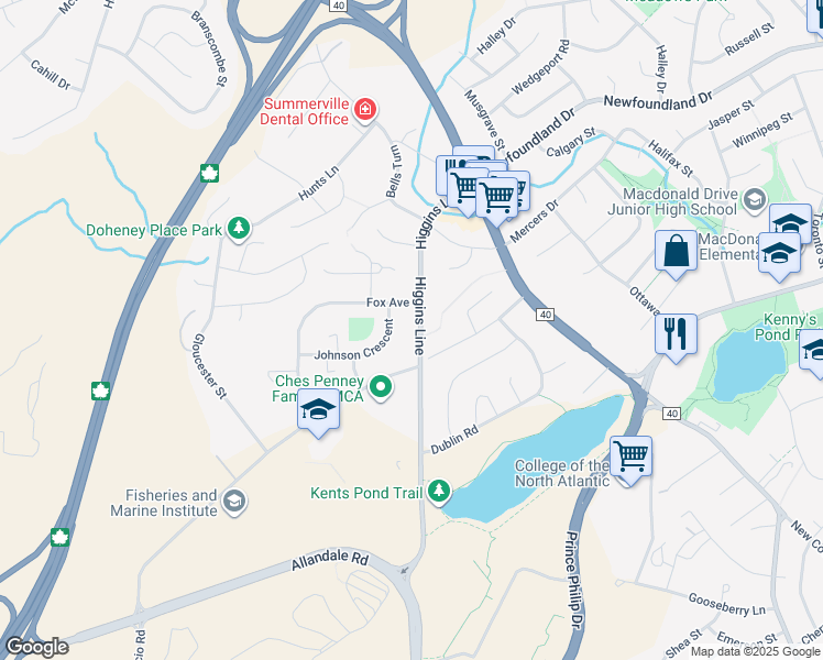map of restaurants, bars, coffee shops, grocery stores, and more near 137 Higgins Line in St. John's