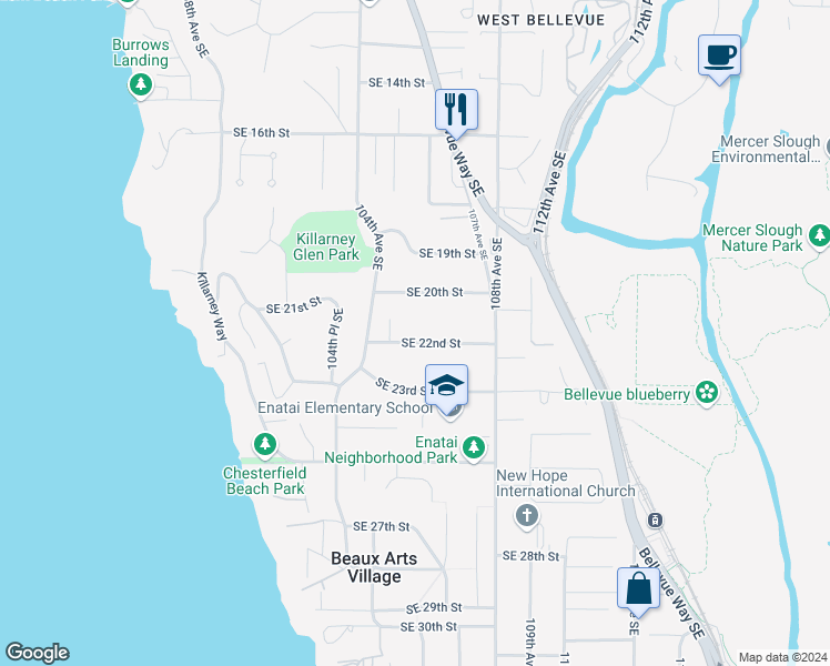 map of restaurants, bars, coffee shops, grocery stores, and more near 10444 Southeast 22nd Street in Bellevue