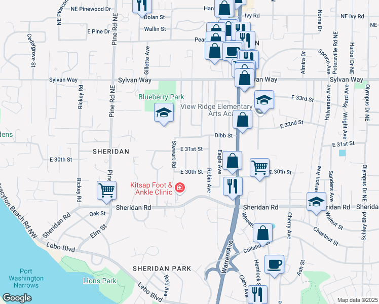map of restaurants, bars, coffee shops, grocery stores, and more near 917 Dibb Street in Bremerton