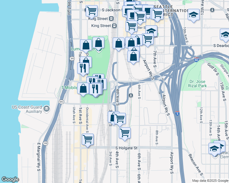 map of restaurants, bars, coffee shops, grocery stores, and more near 1307 4th Avenue South in Seattle