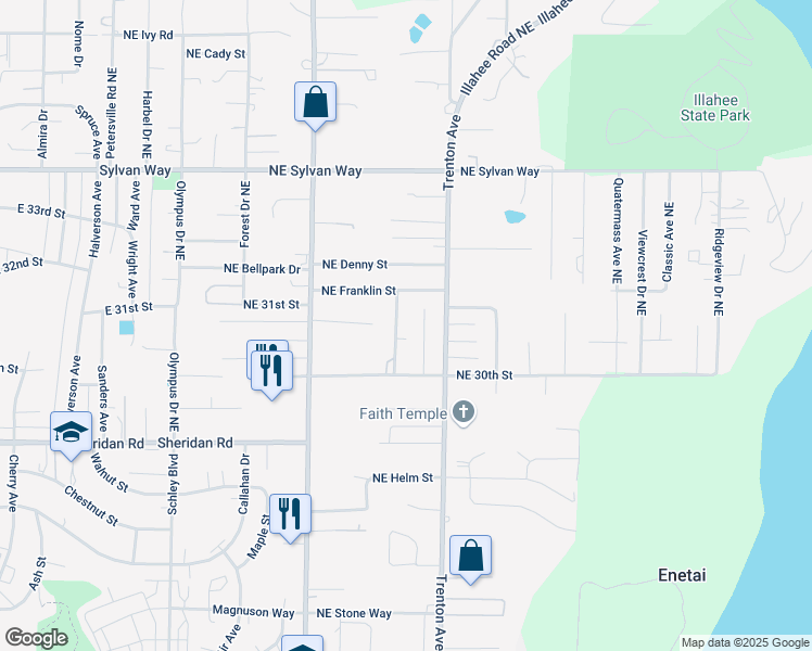 map of restaurants, bars, coffee shops, grocery stores, and more near 2517 Northeast Franklin Street in Bremerton