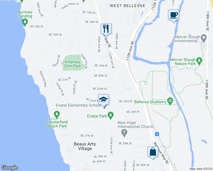map of restaurants, bars, coffee shops, grocery stores, and more near 10630 Southeast 22nd Street in Bellevue