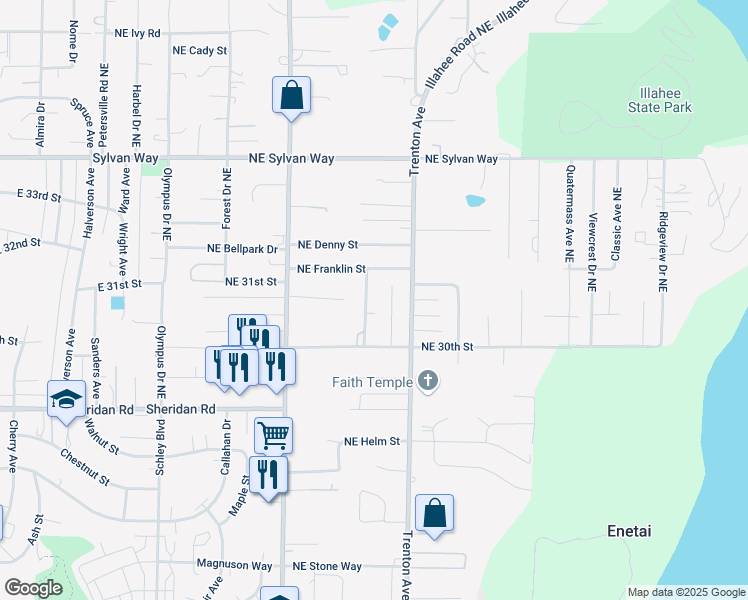 map of restaurants, bars, coffee shops, grocery stores, and more near 2517 Northeast Franklin Street in Bremerton
