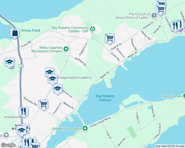 map of restaurants, bars, coffee shops, grocery stores, and more near 9 Bishops Road in Bay Roberts