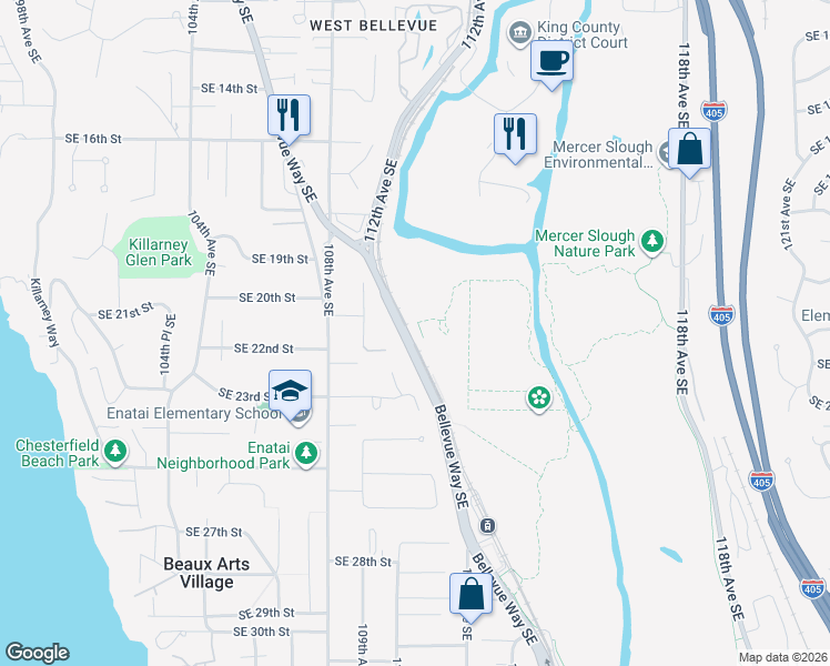 map of restaurants, bars, coffee shops, grocery stores, and more near 2102 Bellevue Way Southeast in Bellevue