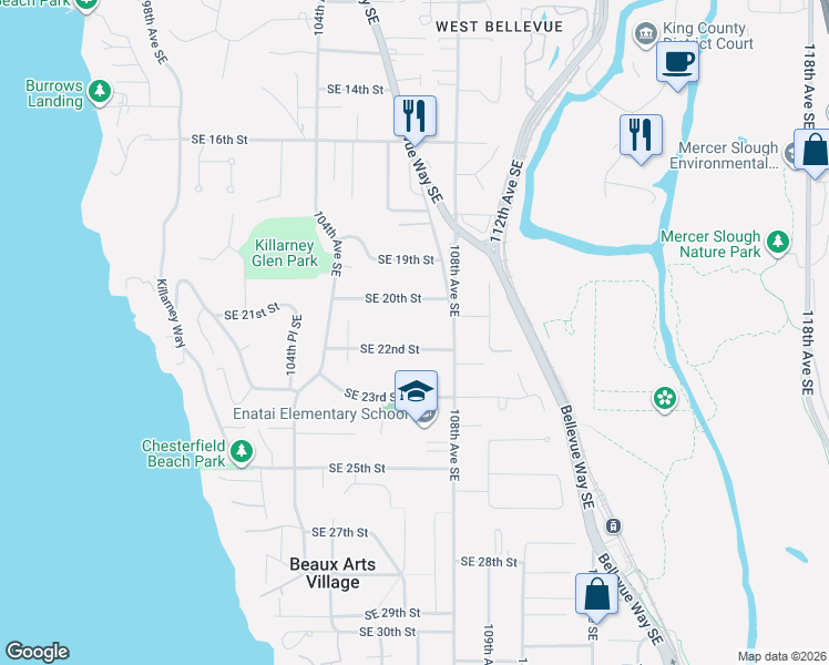 map of restaurants, bars, coffee shops, grocery stores, and more near 2011 108th Avenue Southeast in Bellevue