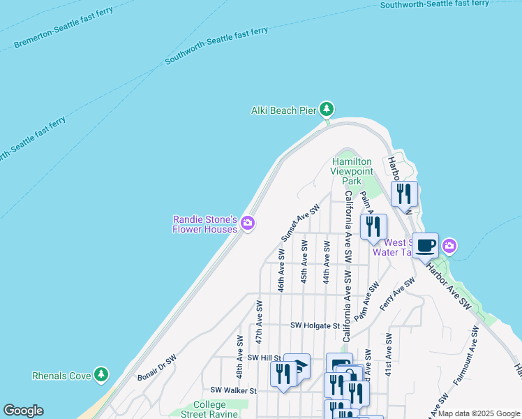 map of restaurants, bars, coffee shops, grocery stores, and more near 1338 Alki Avenue Southwest in Seattle
