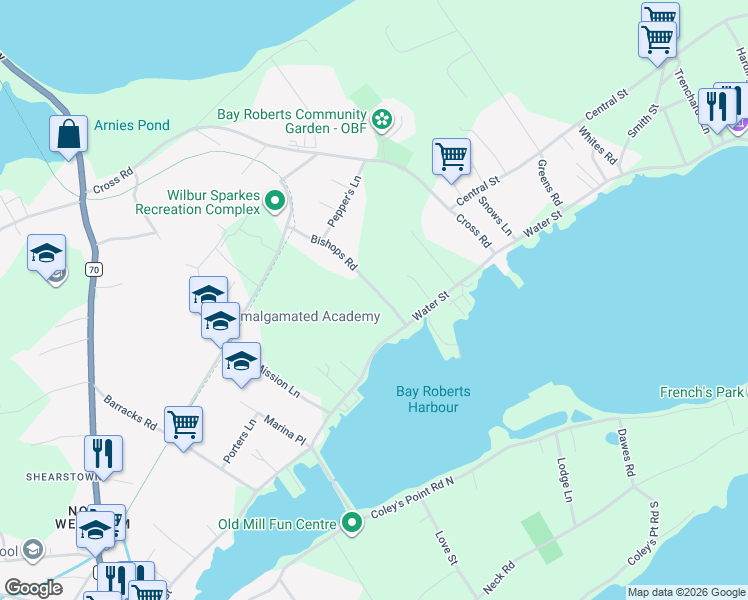 map of restaurants, bars, coffee shops, grocery stores, and more near 9 Bishops Road in Bay Roberts