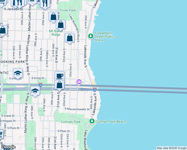 map of restaurants, bars, coffee shops, grocery stores, and more near 1310 Lakeside Avenue South in Seattle