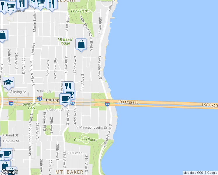 map of restaurants, bars, coffee shops, grocery stores, and more near 1318 Lakeside Avenue South in Seattle
