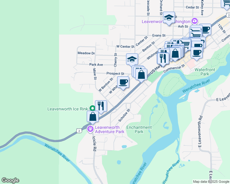map of restaurants, bars, coffee shops, grocery stores, and more near 166 Whitman Street in Leavenworth