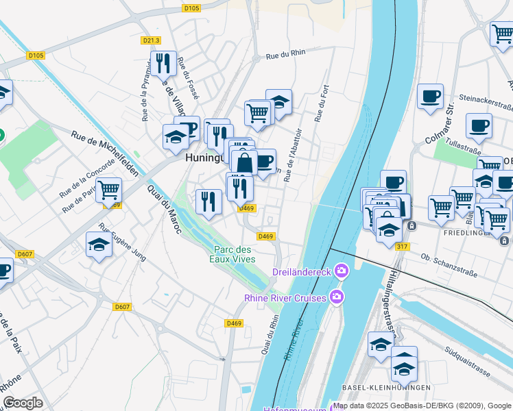 map of restaurants, bars, coffee shops, grocery stores, and more near 10 Rue Chancel in Huningue