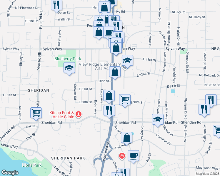 map of restaurants, bars, coffee shops, grocery stores, and more near 3105 Wheaton Way in Bremerton