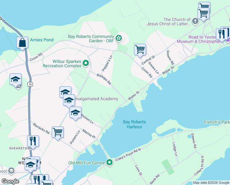 map of restaurants, bars, coffee shops, grocery stores, and more near 9 Bishops Road in Bay Roberts