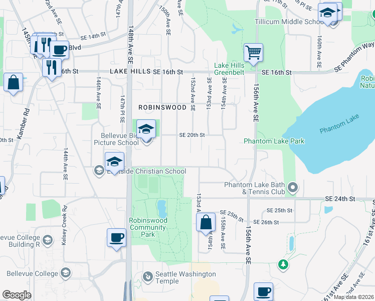 map of restaurants, bars, coffee shops, grocery stores, and more near 2037 152nd Avenue Southeast in Bellevue