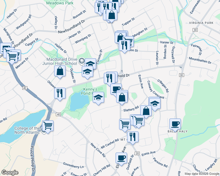 map of restaurants, bars, coffee shops, grocery stores, and more near 141 Torbay Road in St. John's