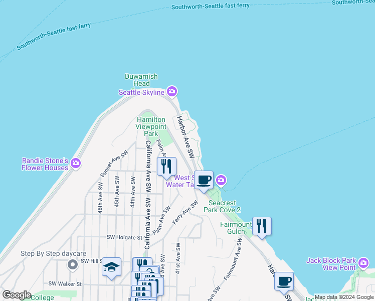 map of restaurants, bars, coffee shops, grocery stores, and more near 1315 Harbor Avenue Southwest in Seattle