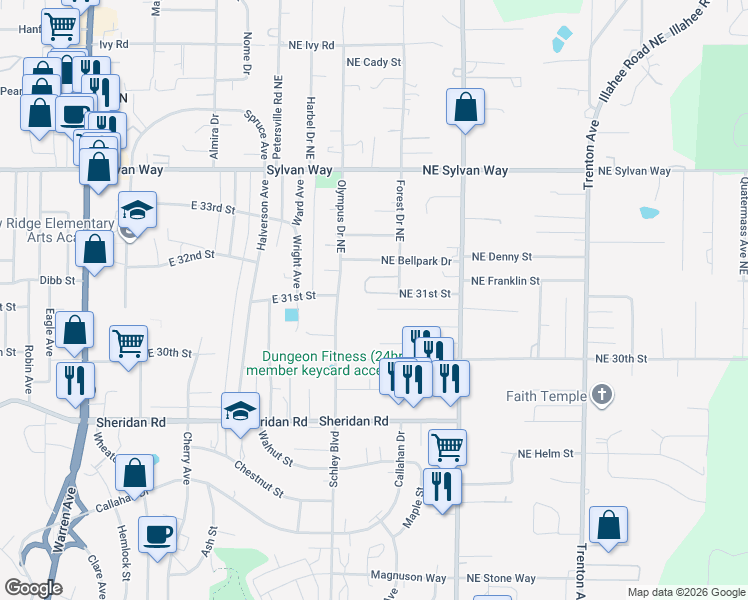 map of restaurants, bars, coffee shops, grocery stores, and more near 1934 Northeast Wyoming Street in Bremerton