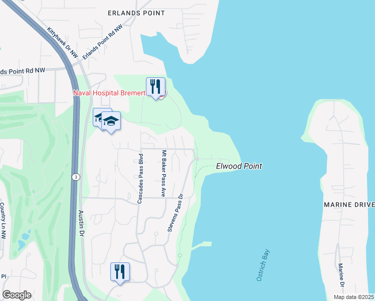 map of restaurants, bars, coffee shops, grocery stores, and more near 19 Elwood Point Road in Bremerton