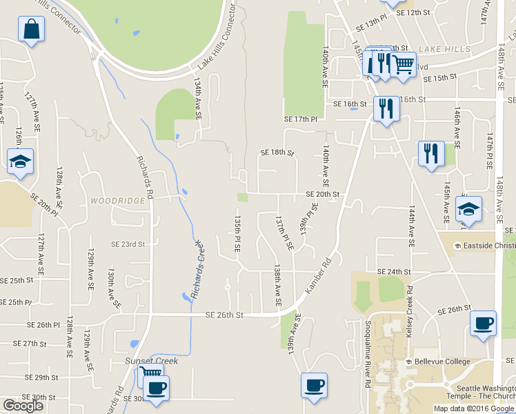 map of restaurants, bars, coffee shops, grocery stores, and more near 13800 SE 21st St in Bellevue