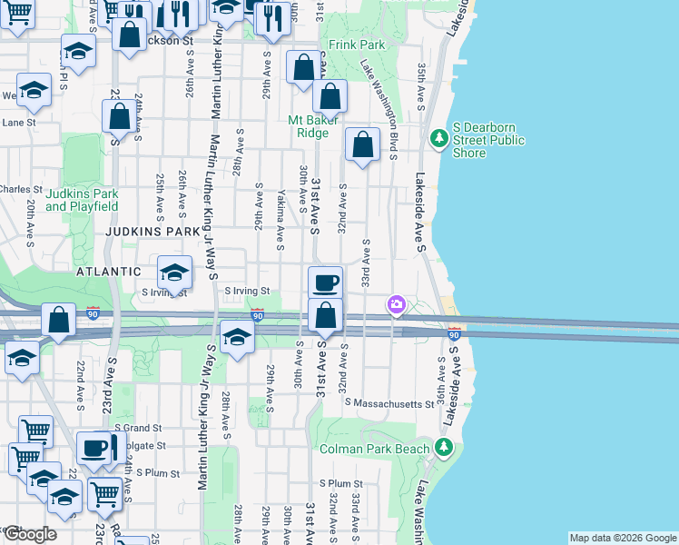 map of restaurants, bars, coffee shops, grocery stores, and more near 1302 31st Avenue South in Seattle