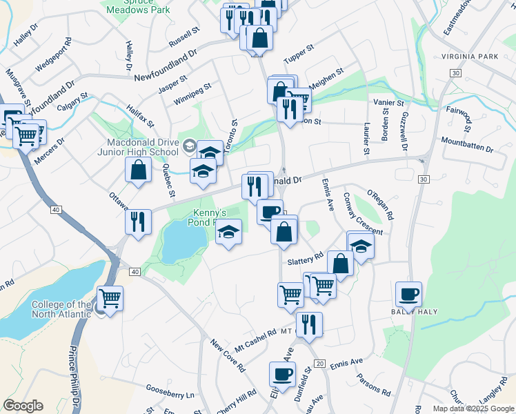 map of restaurants, bars, coffee shops, grocery stores, and more near 141 Torbay Road in St. John's