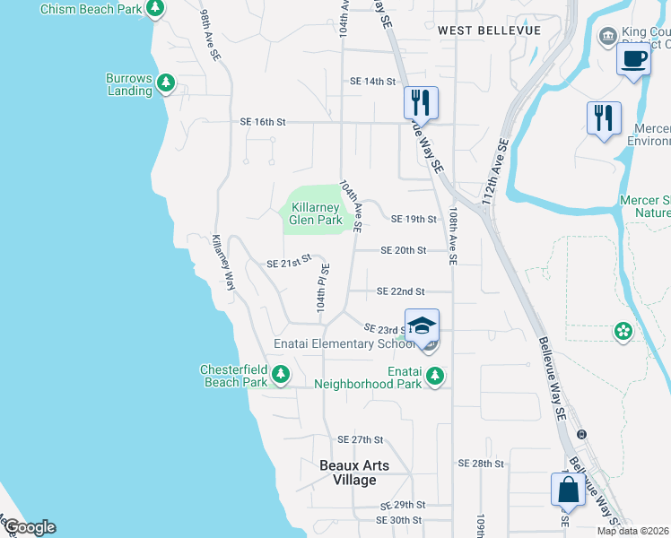 map of restaurants, bars, coffee shops, grocery stores, and more near 2112 104th Place Southeast in Bellevue