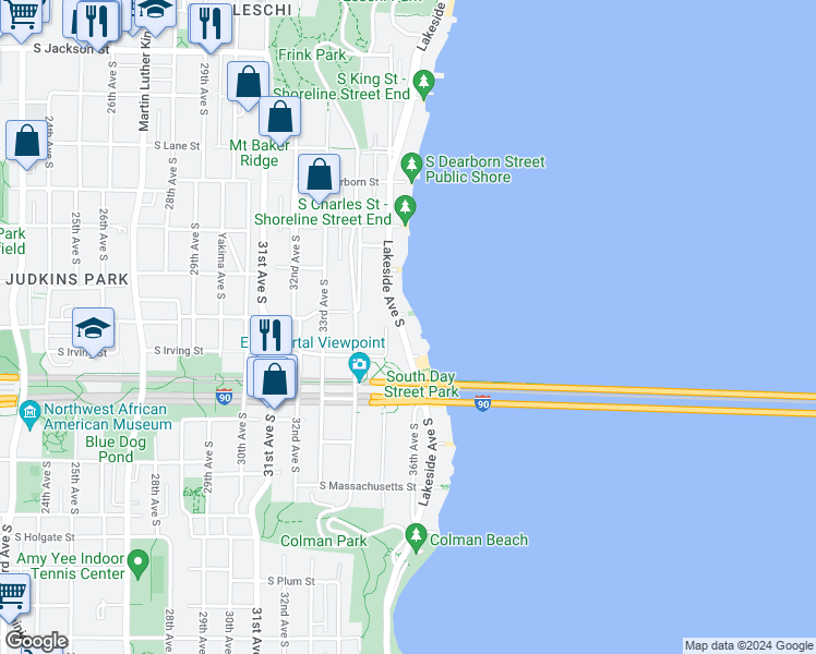 map of restaurants, bars, coffee shops, grocery stores, and more near 1310 Lakeside Avenue South in Seattle