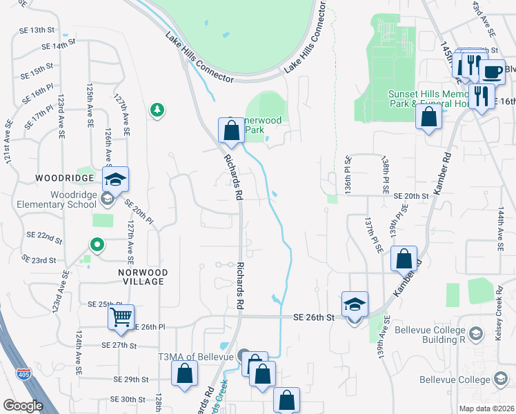 map of restaurants, bars, coffee shops, grocery stores, and more near 2210 132nd Avenue Southeast in Bellevue